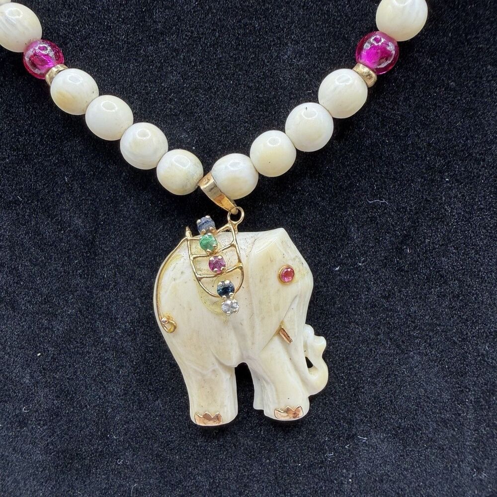 14K Gold Bone Bead Necklace Elephant Pendant Garnet Gemstone Vintage